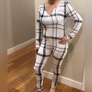 White Plaid One Piece Sleep Jumpsuit